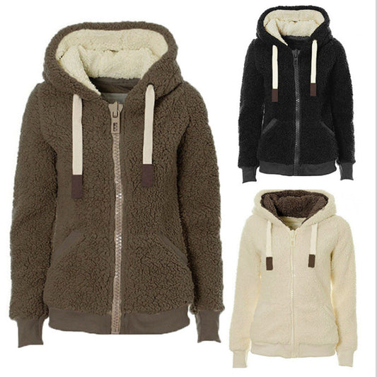 Woman Plush Hooded Sweatshirt Jacket