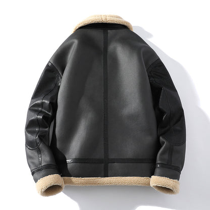 Winter Men's Leather Fleece Lapel Jacket