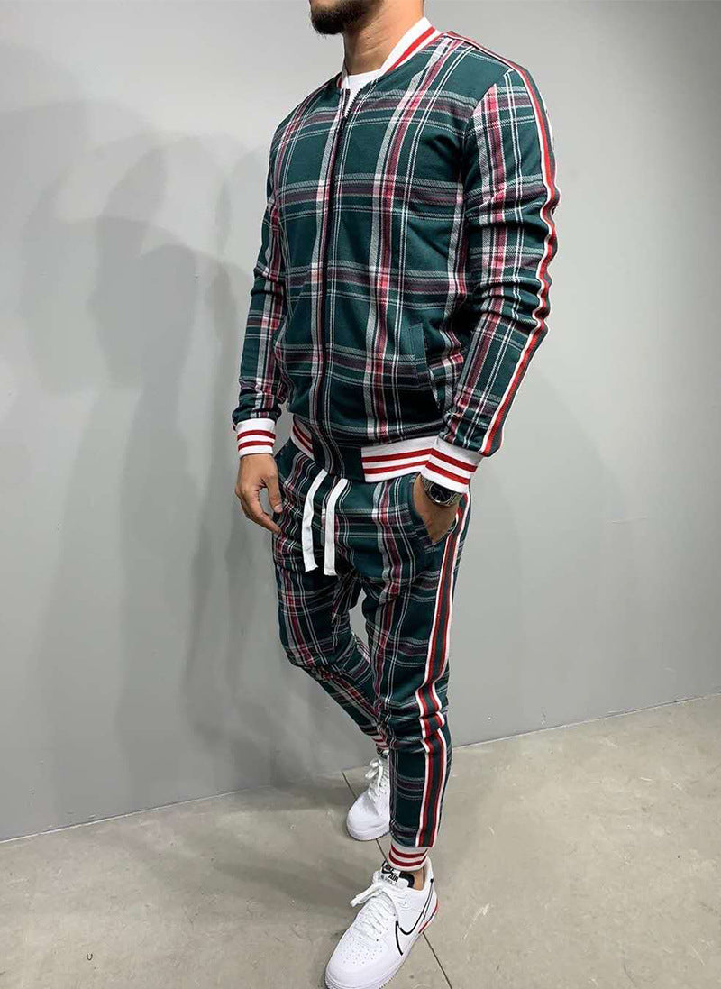 Men's Plaid Cardigan Jacket Trousers Sports Suit