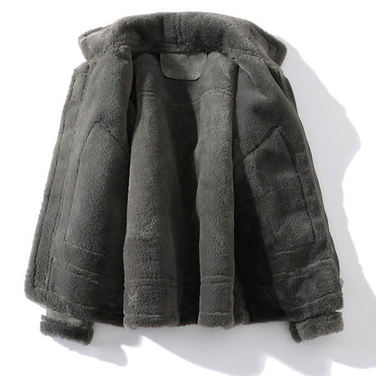 Men's Casual Leather Fleece Lapel Jacket