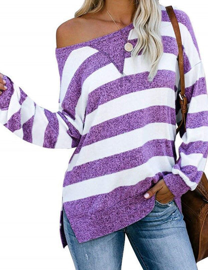 One Shoulder Striped Color Block Women's T-Shirt