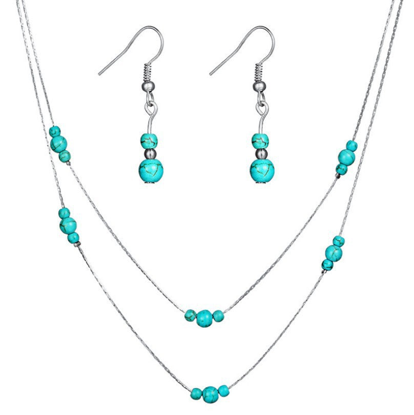 Woman Retro Jewelry Set Turquoise Gemstone Multilayer Necklace Earring Set