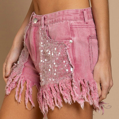 Women's Denim Sequined Fringed Shorts