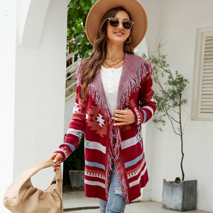 Women's Tassel Hooded Sweater Long Sweater Coat