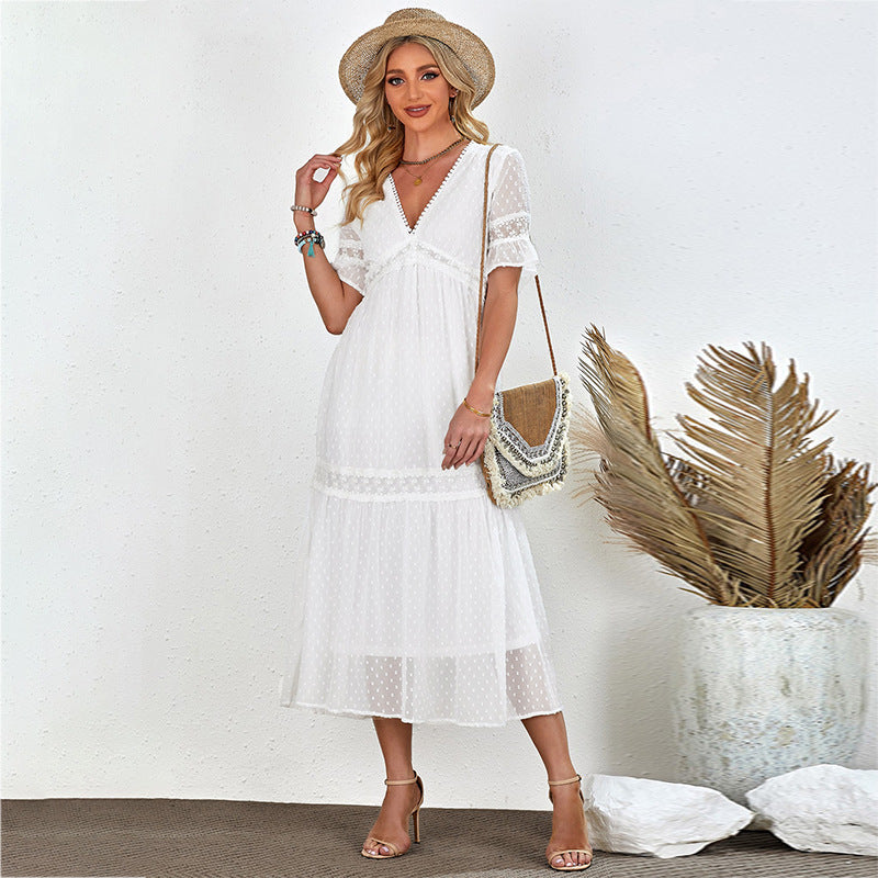 Women's Bohemian Dress White V-Neck Long Embroidered Dress