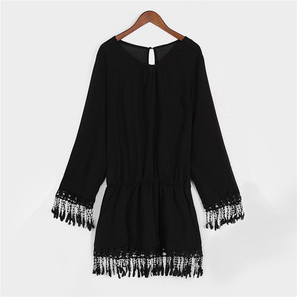 Sexy Long-Sleeved Fringed Dress Women's Beachwear Sunscreen Clothing