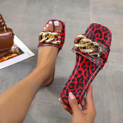 Women's Metal Chain Square Toe Flat Sandals