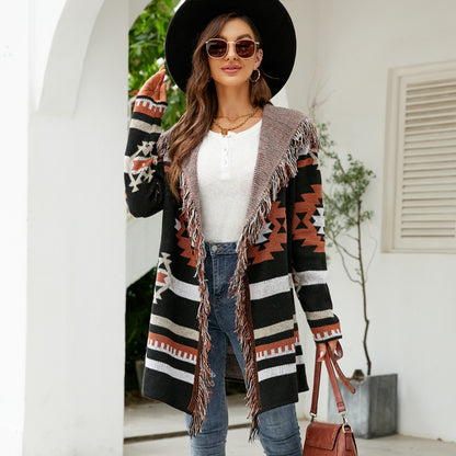 Women's Tassel Hooded Sweater Long Sweater Coat