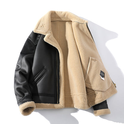 Winter Men's Leather Fleece Lapel Jacket