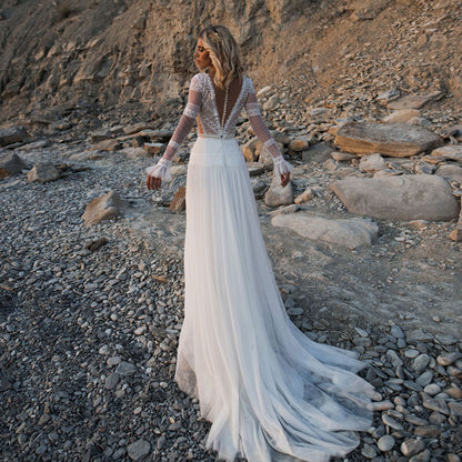 Women's Plunge Long Sleeve Lace Beach Wedding Dresses