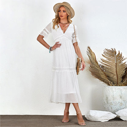 Women's Bohemian Dress White V-Neck Long Embroidered Dress
