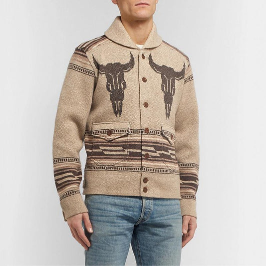 Men Retro Jacquard Lapel Cardigan Sweater