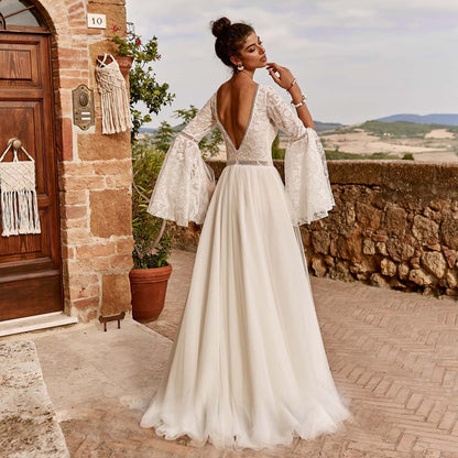 Lace Deep V Flared Sleeve Simple Wedding Dress Skirt