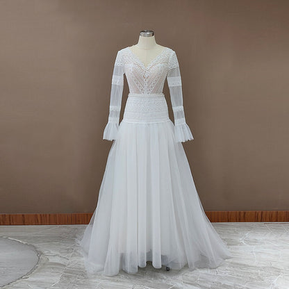 Women's Plunge Long Sleeve Lace Beach Wedding Dresses