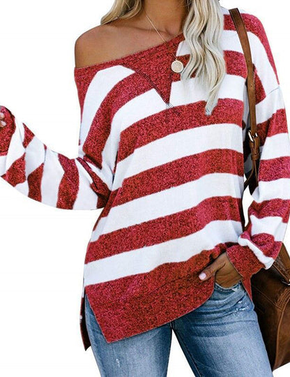 One Shoulder Striped Color Block Women's T-Shirt