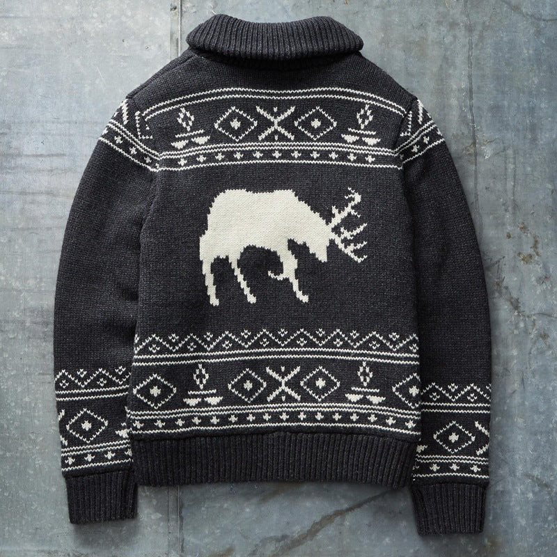 Men's Black Fawn Jacquard Sweater Zip Knit Jacket