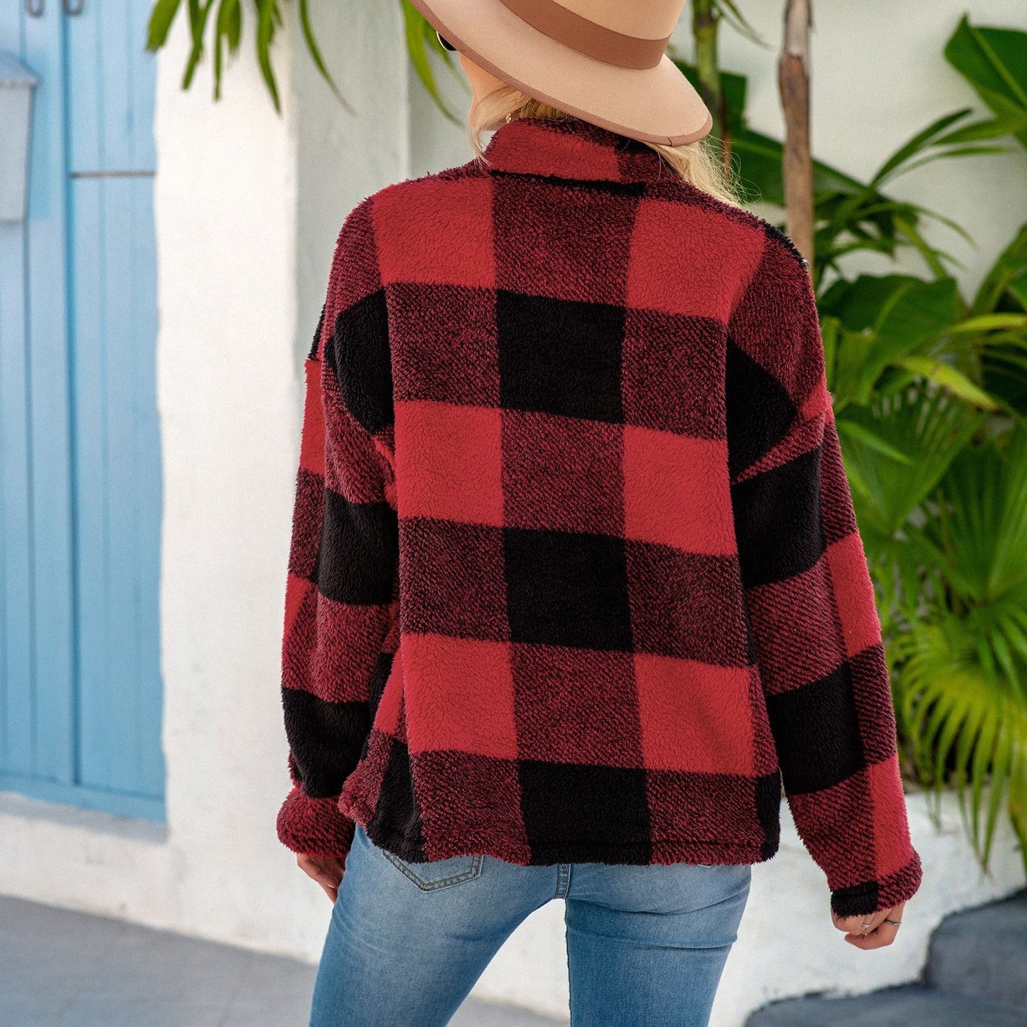 Plaid Long-sleeved High-neck Plush Blouse For Women