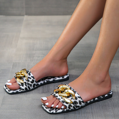 Women's Metal Chain Square Toe Flat Sandals