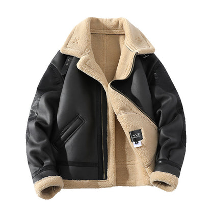 Winter Men's Leather Fleece Lapel Jacket