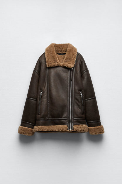 Women's Brown Leather Jacket with Lapel Collar
