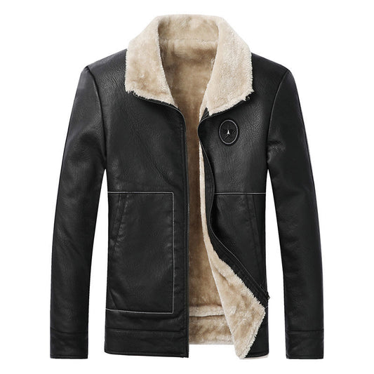 Men's Leather Lapel Plush Pocket Jacket