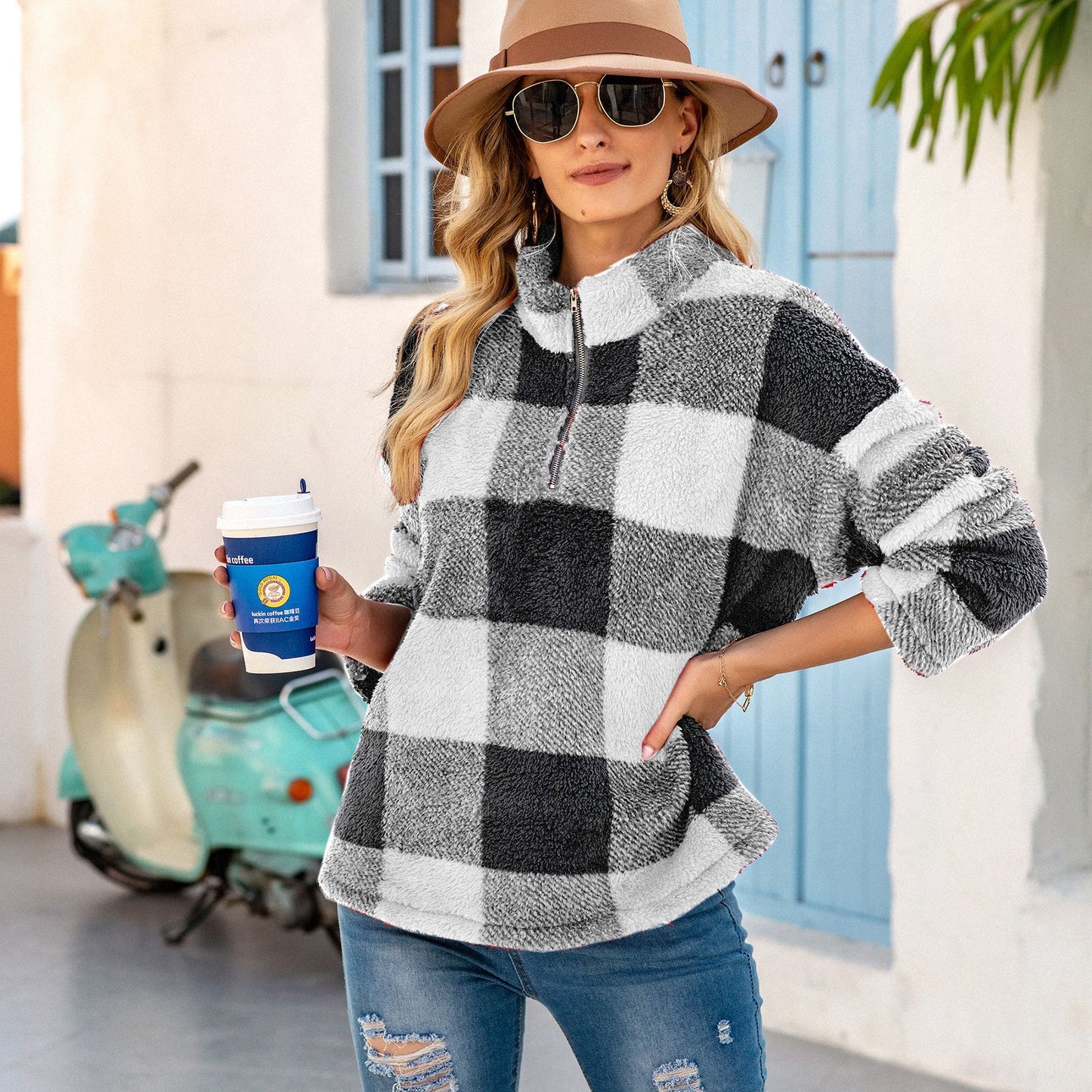 Plaid Long-sleeved High-neck Plush Blouse For Women