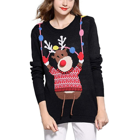 Christmas Moose Embroidered Women's Sweater