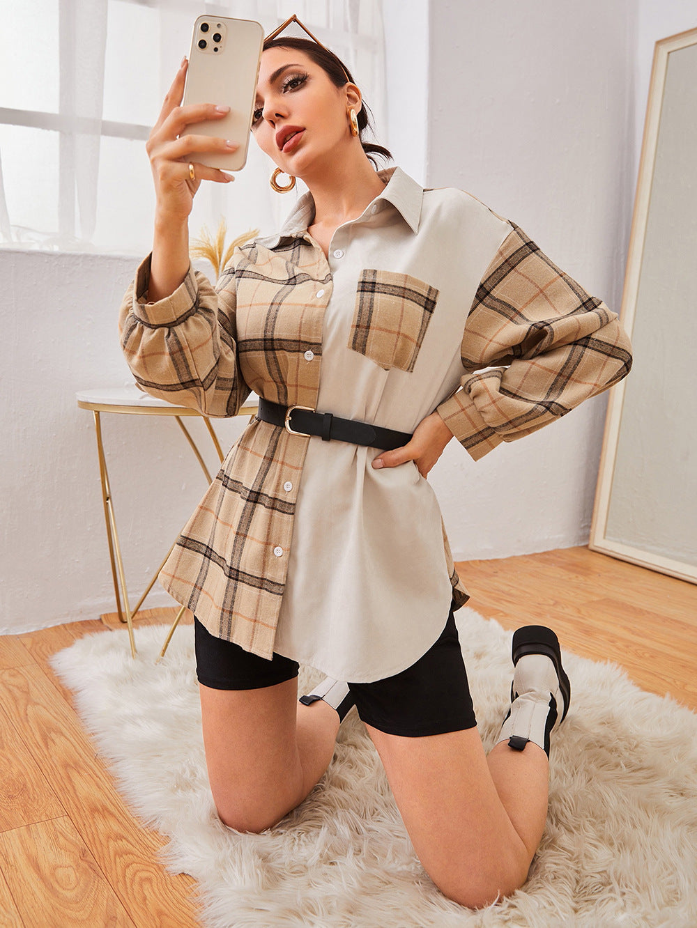 Colorblock Cardigan Plaid Women's Shirt Jacket