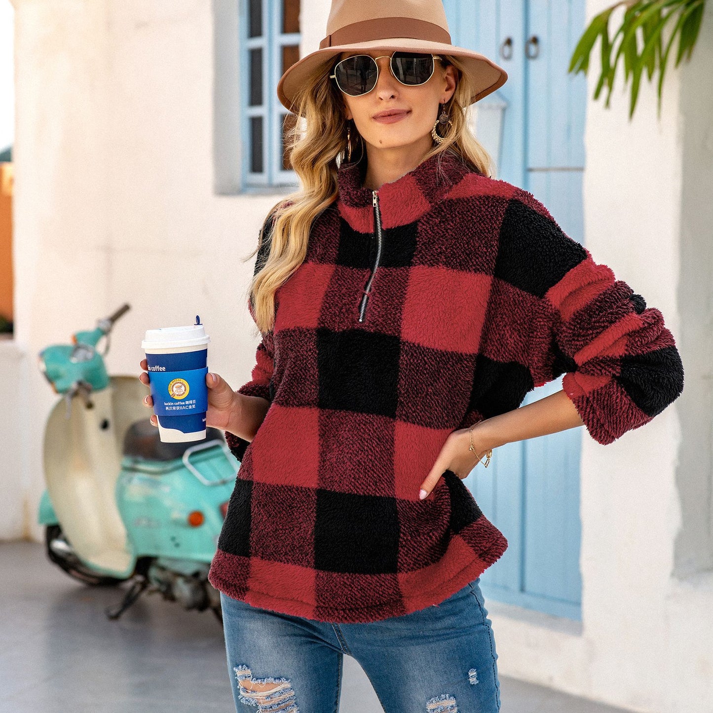 Plaid Long-sleeved High-neck Plush Blouse For Women