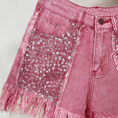 Women's Denim Sequined Fringed Shorts