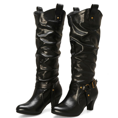 High Quality Woman Pleated Leather Vintage Boots