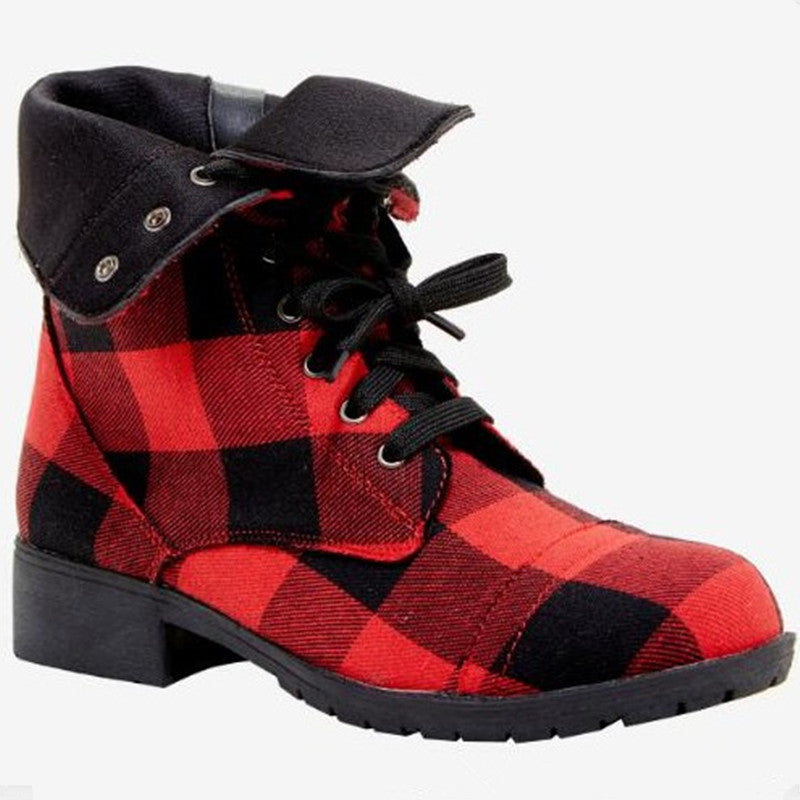 Women's Red Plaid Vintage Chunky Heel Martin Boots