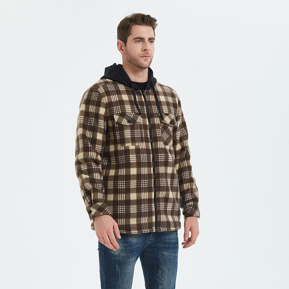 Hooded Plaid Flannel Shirt Jacket Sherpa Lined Jacket For Men