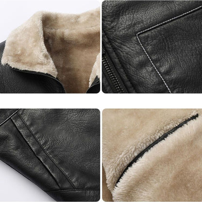 Men's Leather Lapel Plush Pocket Jacket
