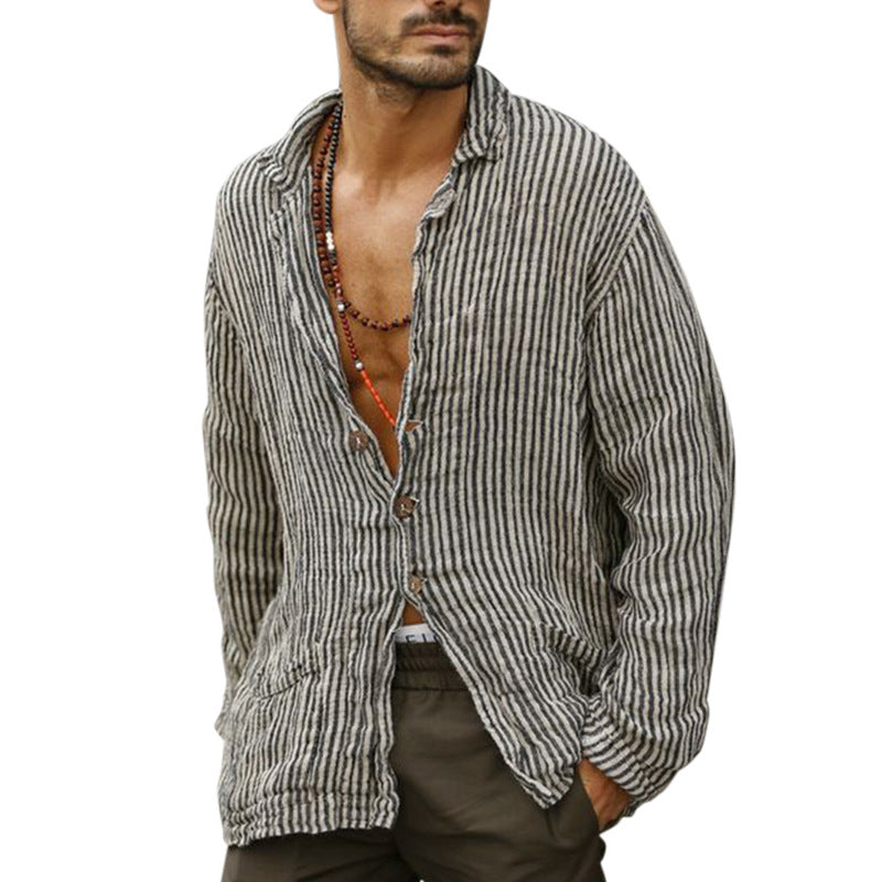 Men's Fashion Striped Print Casual Linen Shirt