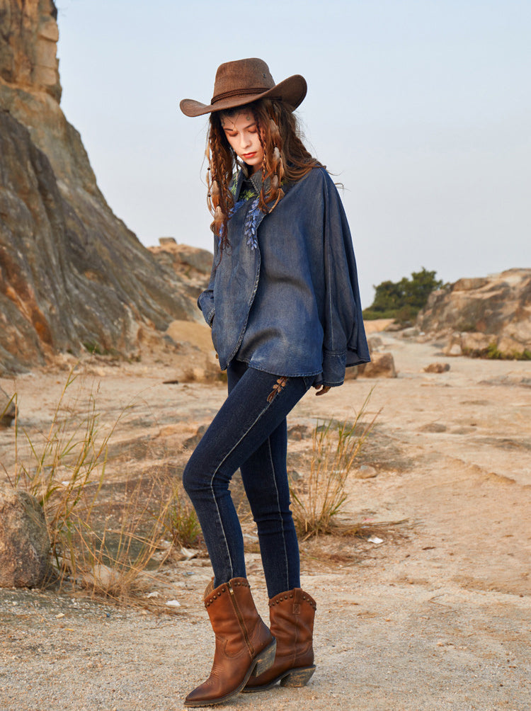Women's Western Cowboy Style Loose Denim Shirt