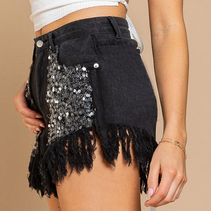 Women's Denim Sequined Fringed Shorts