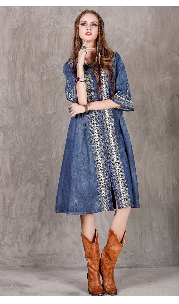 Women Western Denim Embroidery High Quality Dress