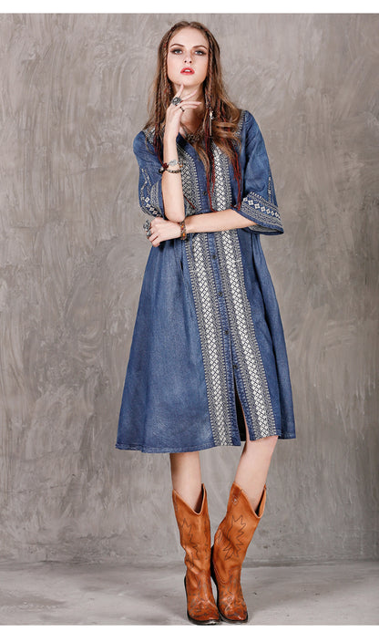 Women Western Denim Embroidery High Quality Dress