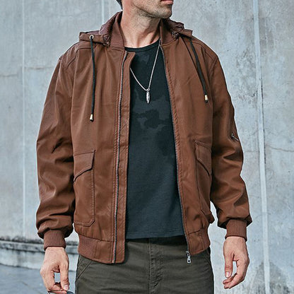 Men's Lined Plush Hooded Leather Jacket