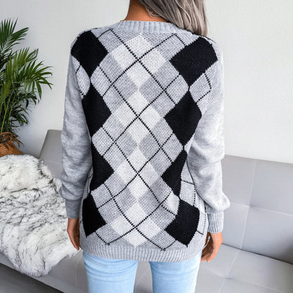 Casual Long Sleeve Plaid Sweater For Women