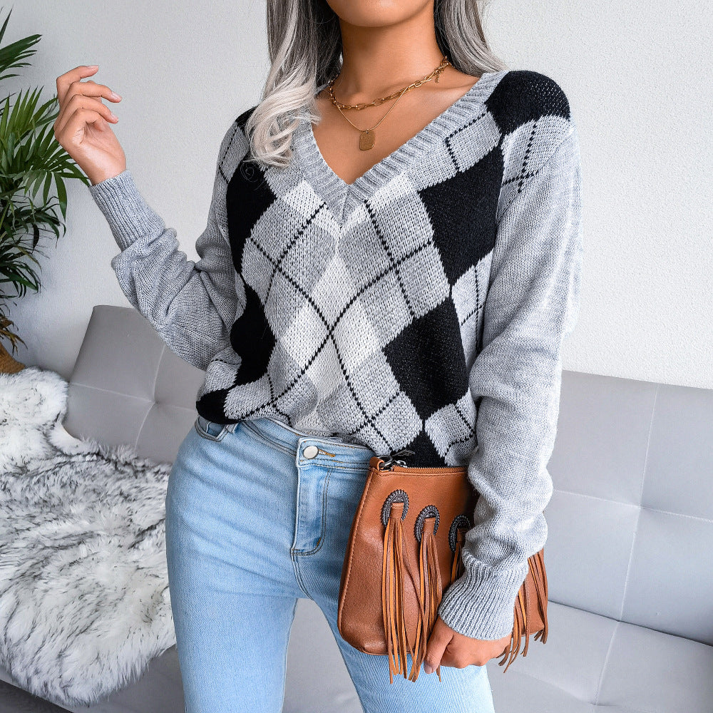 Casual Long Sleeve Plaid Sweater For Women