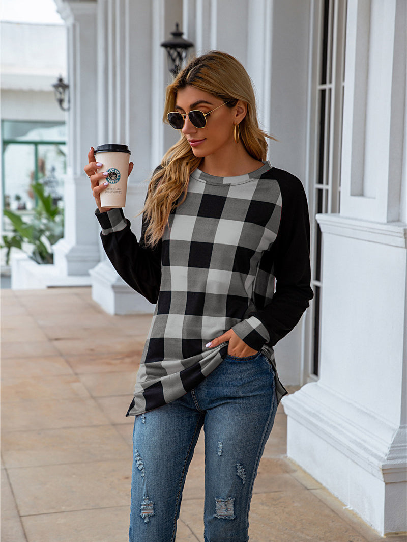 Plaid O-Neck Splicing Cardigan Women's Sweatshirt