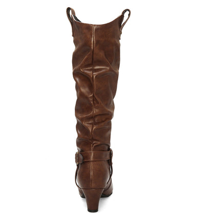 High Quality Woman Pleated Leather Vintage Boots