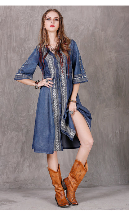 Women Western Denim Embroidery High Quality Dress
