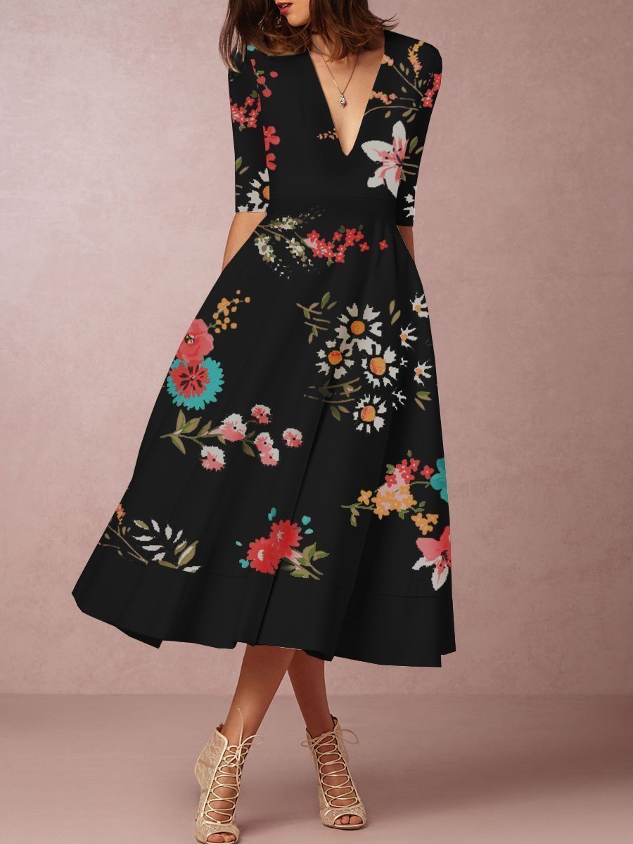 Women's Floral Print Short Sleeve V Neck Dress