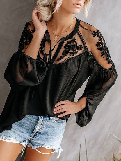 Women's V Neck Lace Shirt Shirt