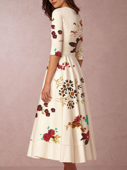 Women's Floral Print Short Sleeve V Neck Dress