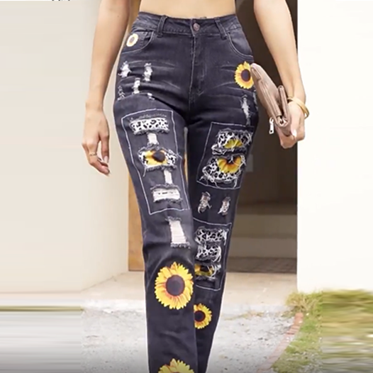 Women's Sunflower Print Denim Ripped Pants