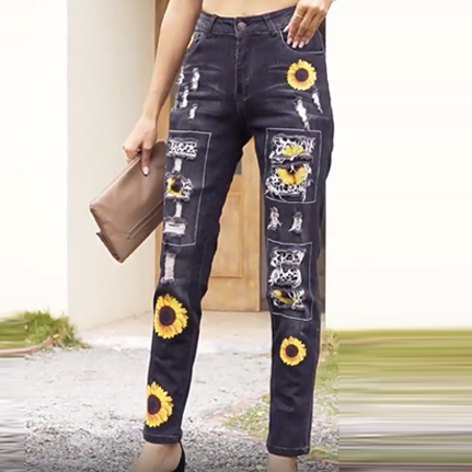 Women's Sunflower Print Denim Ripped Pants